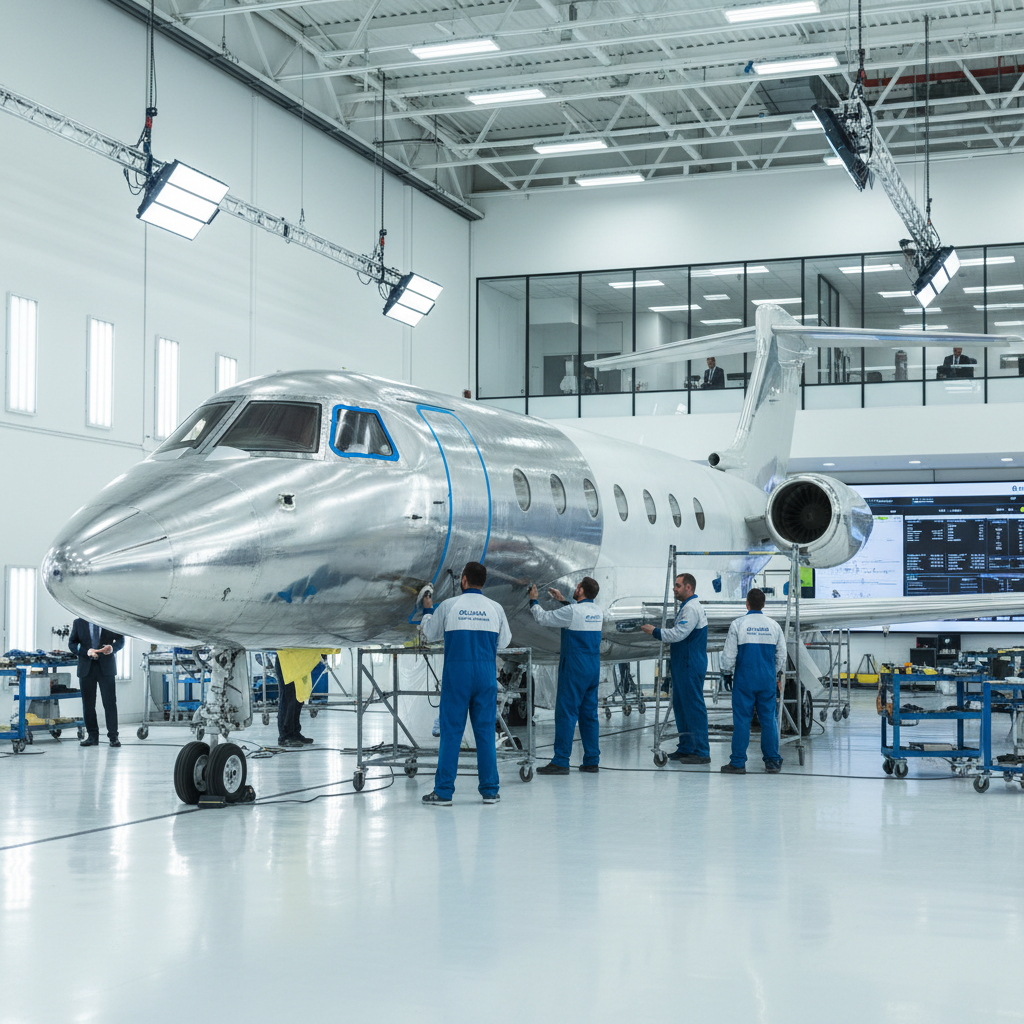 Private jet inside a pristine white hangar with maintenance crew preparing the fuselage paint under professional aviation lighting