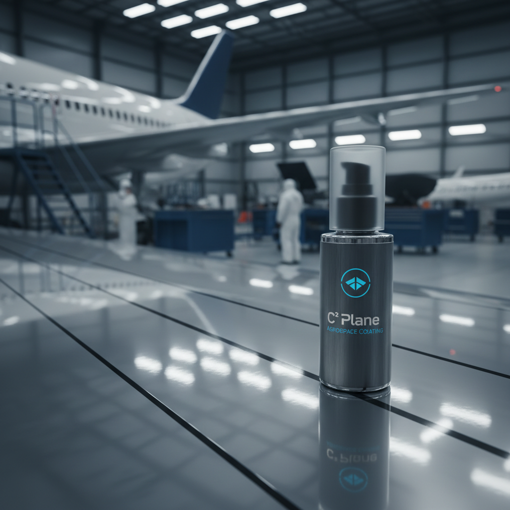 C² Plane Ceramic aerospace coating bottle on a jet wing surface reflecting hangar lights with ultra-clean sterile aesthetic