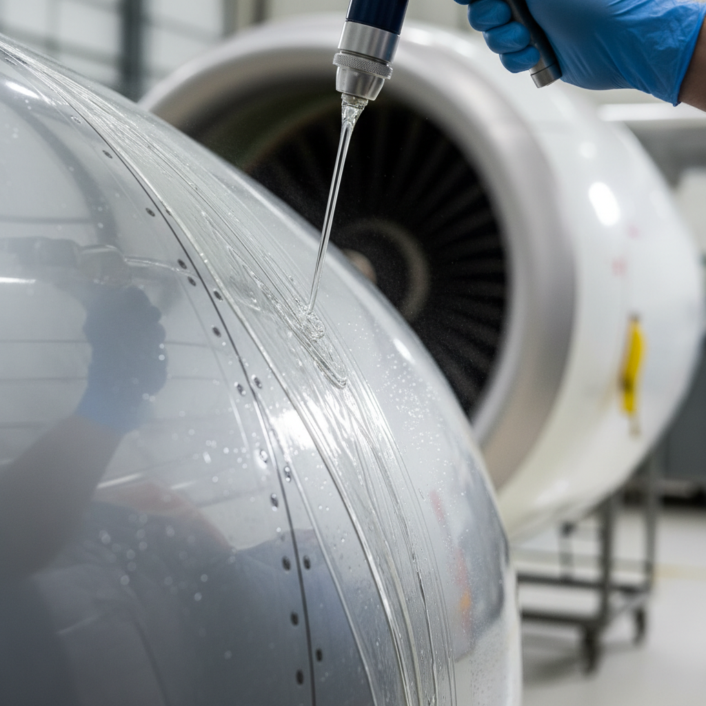 Application of ceramic coating on a jet engine cowl with liquid flowing over aerodynamic curves focusing on frictionless surface technology