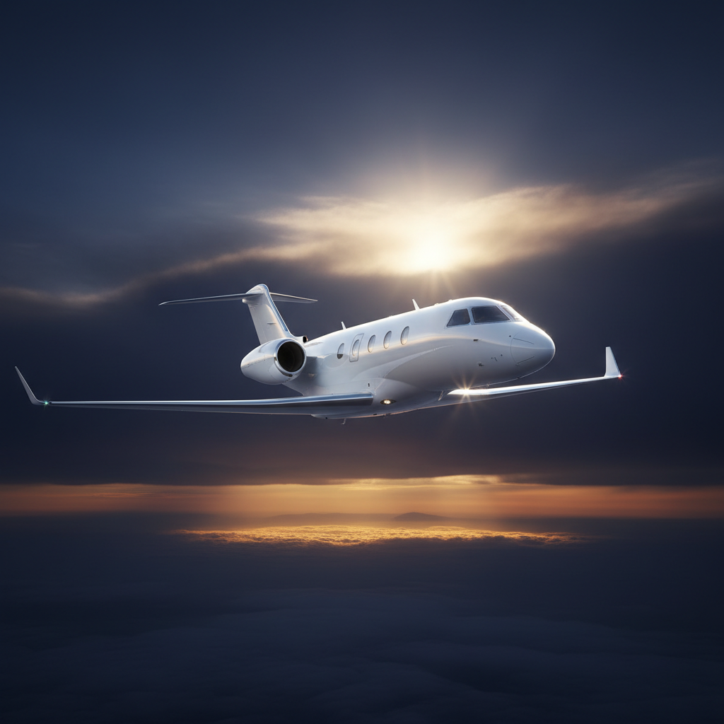 Private jet at 30000 feet with sunlight glinting off mirror-like ceramic-coated wings and ice unable to stick to the fuselage