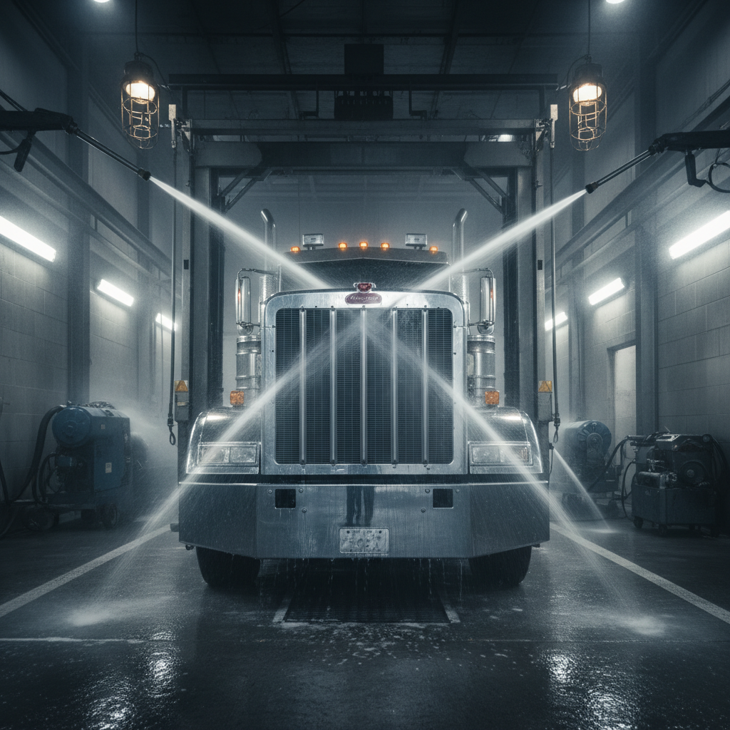 Massive chrome grille of a commercial heavy-duty truck in a wash bay with high-pressure cleaning and industrial atmosphere