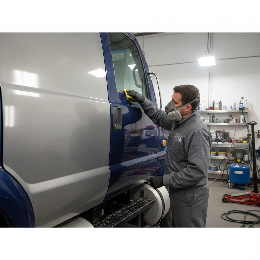 Applying ceramic coating to the large side-panel of a truck cab with visible transformation from dull to high-intensity mirror gloss