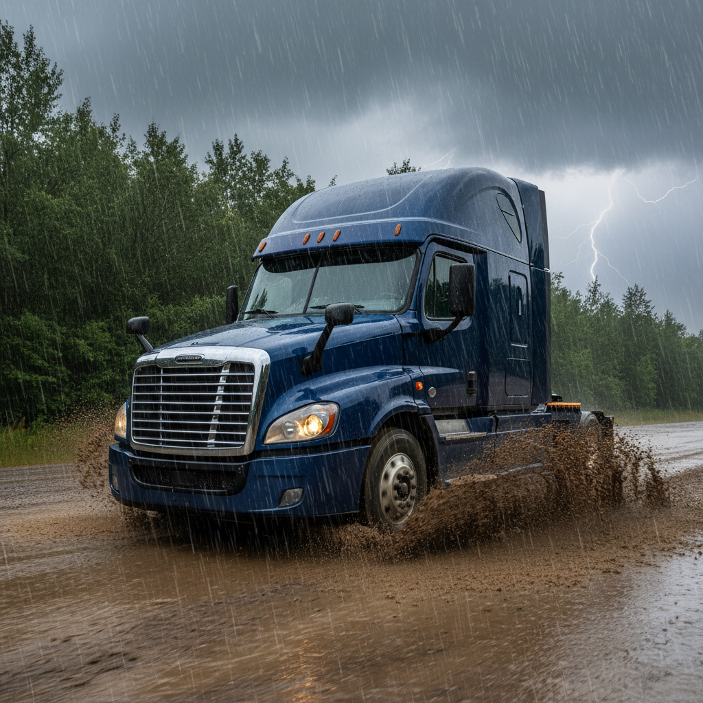 Clean truck driving through mud and rain with dirt falling off the glossy ceramic-coated paint showing the stay-clean effect
