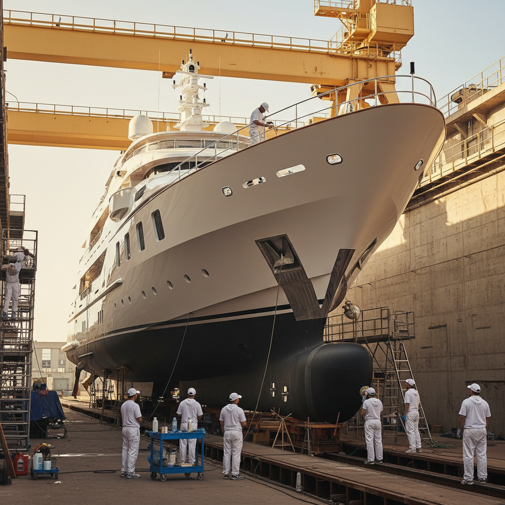 Luxury superyacht in a dry dock with professional crew preparing the white gelcoat hull under bright Mediterranean sunlight