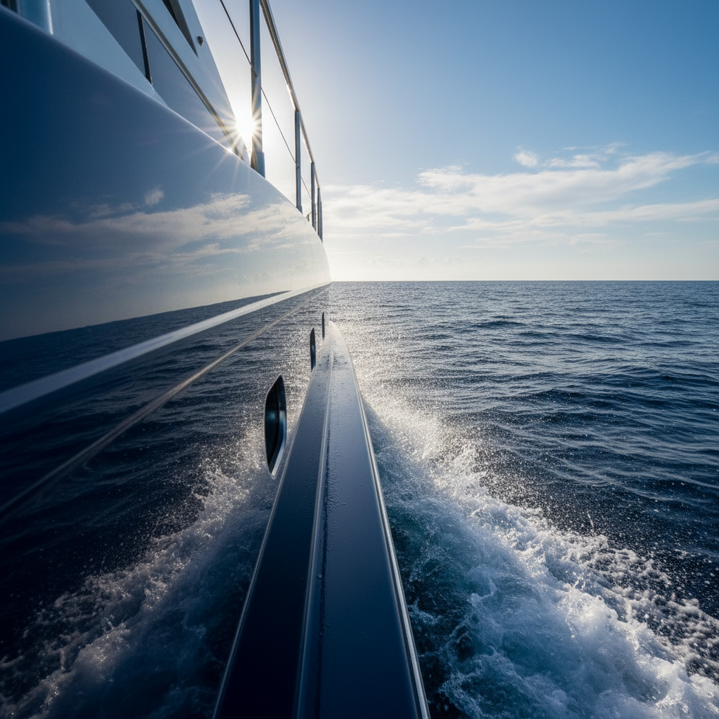 Yacht hull reflecting the blue ocean like a mirror with water splashing off instantly, zero salt crust and ultra-high gloss finish